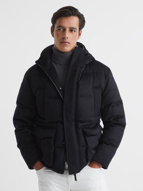 Cashmere Down Filled Puffer Jacket in Navy REISS