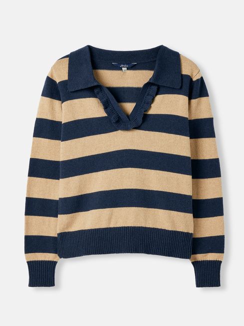 Joules Maddie Navy Blue Striped V Neck Jumper with Collar