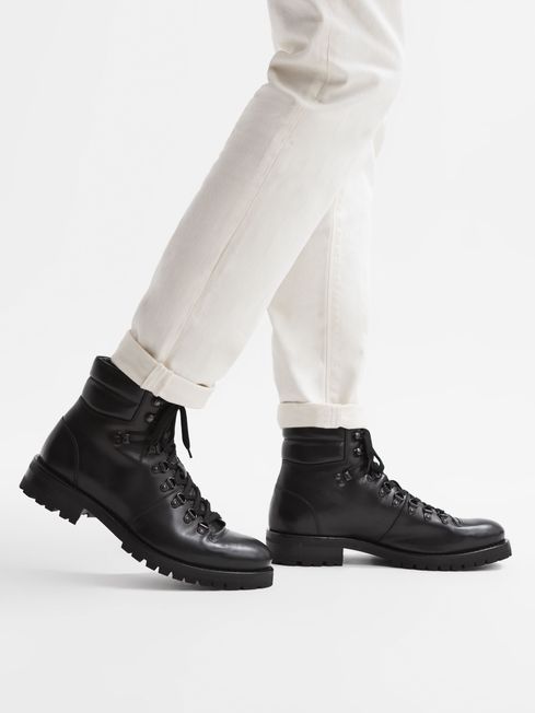 Leather Hiking Boots in Black REISS