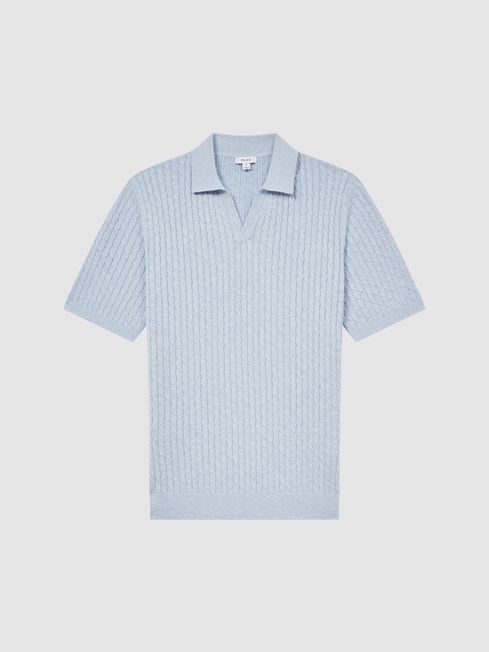 Reiss Soft Blue Federico Slim Fit Cable Knit Open Collar Polo Shirt