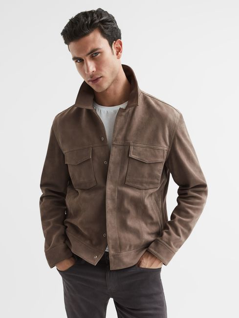 Paige Suede Long Sleeve Twin Pocket Jacket in Espresso Bean REISS