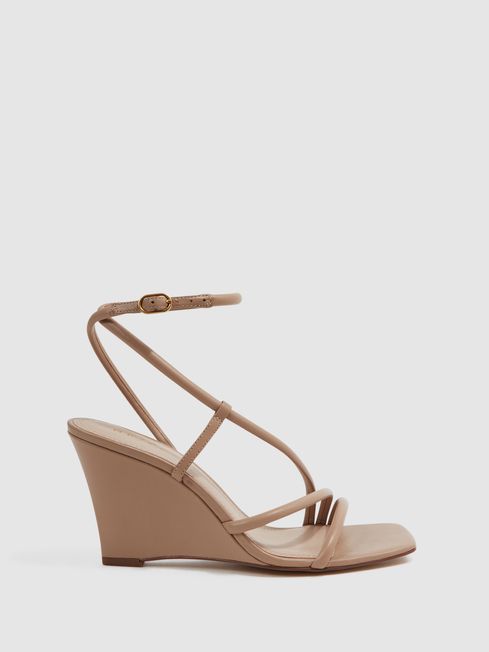 Leather Strappy Wedge Heels in Nude