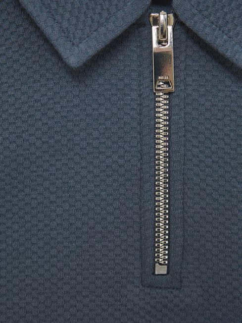 Senior Slim Fit Textured Half Zip Polo Shirt in Airforce Blue