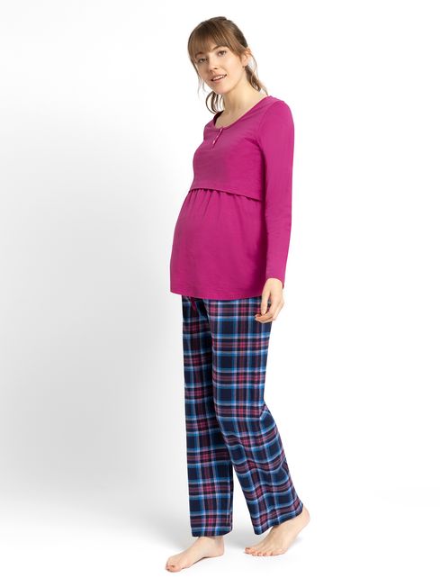 JoJo Maman Bébé Fuchsia/Navy Check Maternity & Nursing Pyjama Set