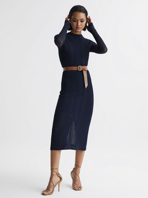 Knitted Bodycon Midi Dress in Navy