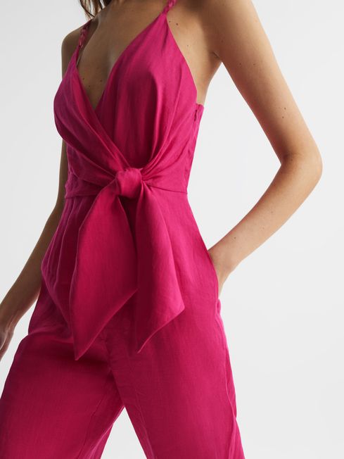 V-Neck Linen Jumpsuit in Pink