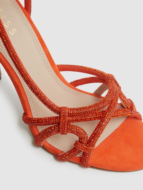 Embellished Heeled Sandals in Bright Orange