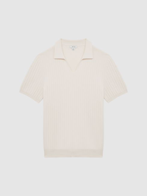 Reiss Ecru Felix Slim Fit Short Sleeve Open Collar Ribbed Polo Shirt
