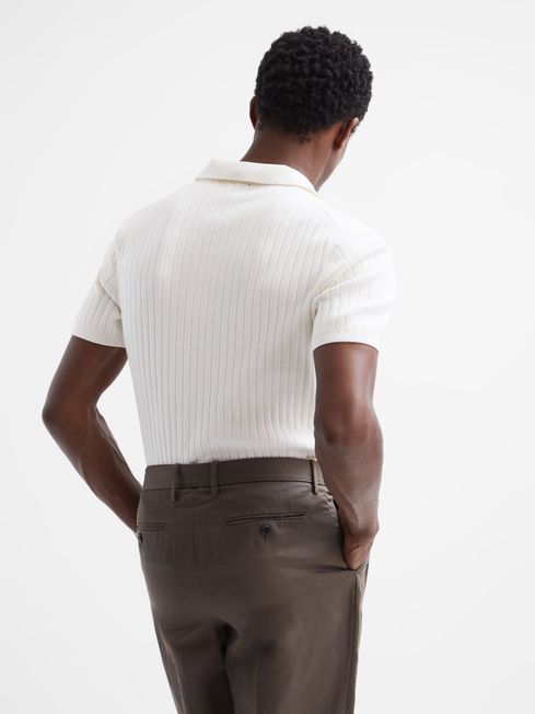 Reiss Ecru Felix Slim Fit Short Sleeve Open Collar Ribbed Polo Shirt