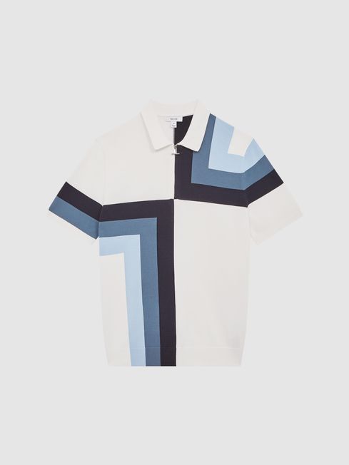 Reiss Optic White Chapel Slim Fit Short Sleeve Half Zip Colourblock Polo Shirt
