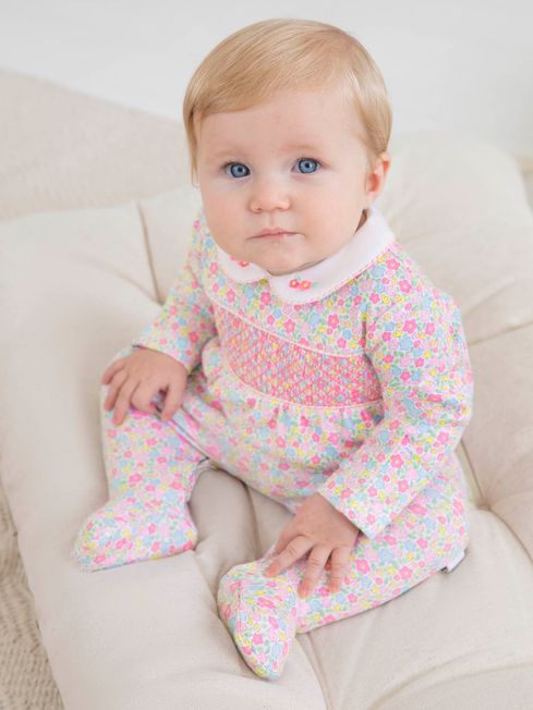 Pink Ditsy Smocked Cotton Baby Sleepsuit JoJo Maman Bebe