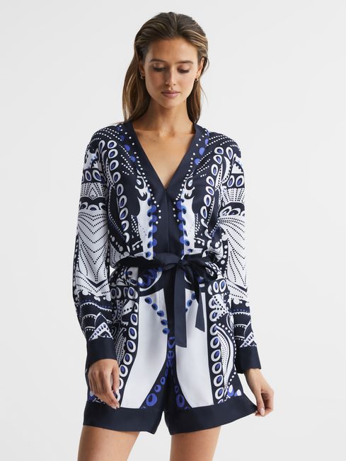 Scarf Printed Playsuit in Navy White REISS