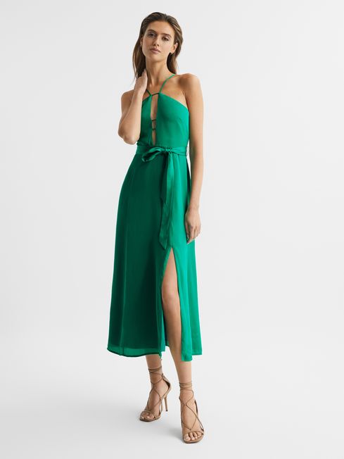 Reiss Green Arianna Halter Neck Belted Midi Dress