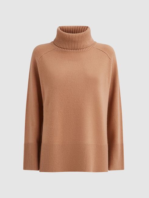Relaxed Wool Cashmere Blend Roll Neck Jumper in Camel