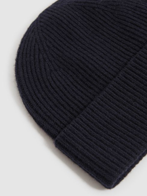 Merino Wool Ribbed Beanie Hat in Navy