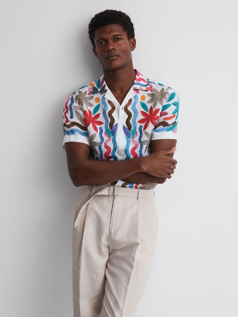 Reiss Multi Delphi Linen Floral Cuban Collar Shirt