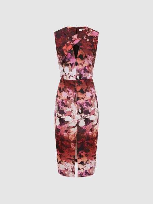Floral Printed Bodycon Midi Dress in Berry REISS