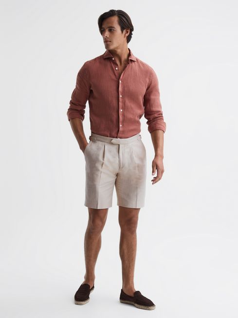 Cotton Linen Blend Chino Shorts in Stone REISS