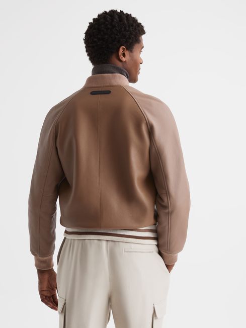 Reiss Ecru Taupe Cortez Leather Bomber Jacket