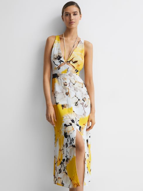 Fitted Floral Print Midi Dress in Yellow