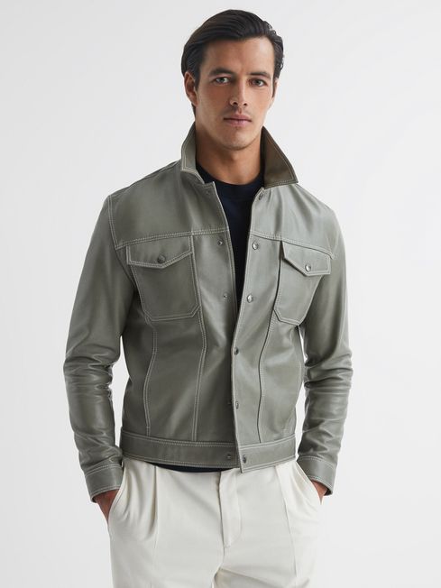 Reiss green leather jacket hotsell