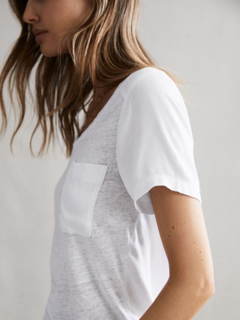 Woven Linen Short Sleeve T-Shirt in White