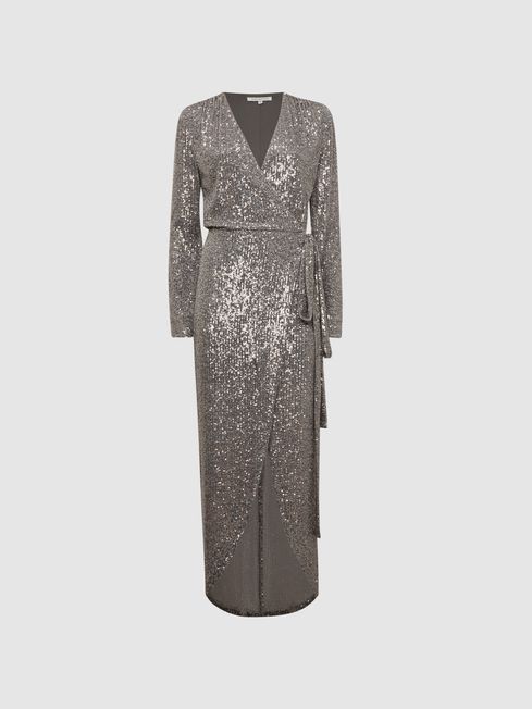Halston Sequin Wrap Midi Dress in Silver