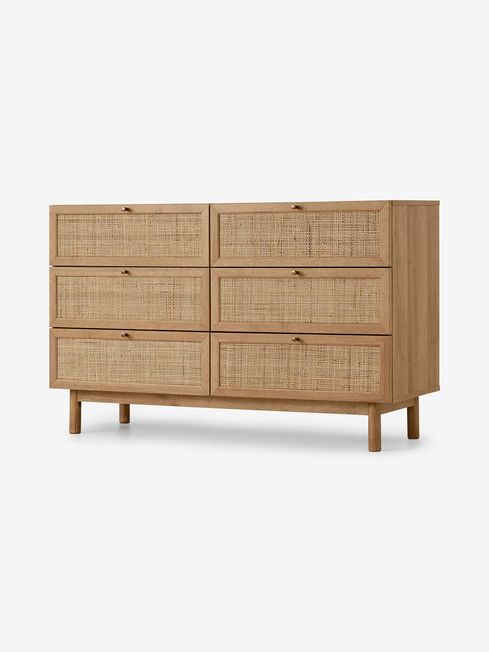 .COM Oak Effect Pavia Natural Rattan Wide Chest of Drawers