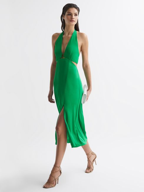 Reiss Green Maia Petite Fitted Halter Neck Midi Dress