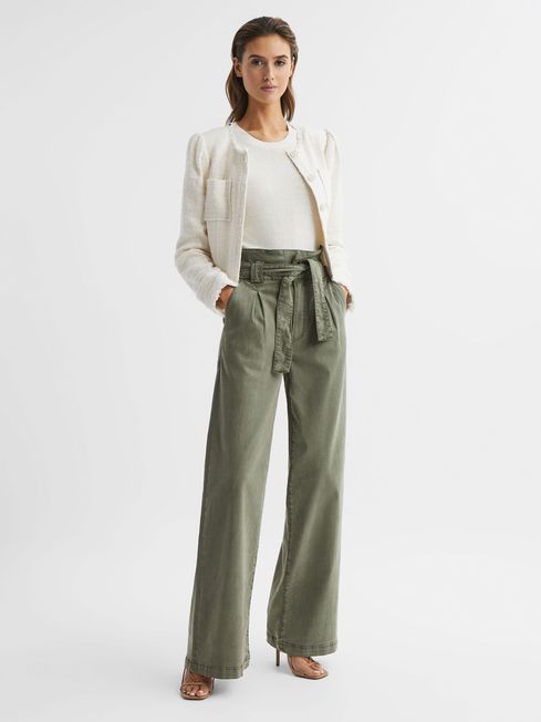 Paige High Rise Paper Bag Trousers in Vintage Ivy Green