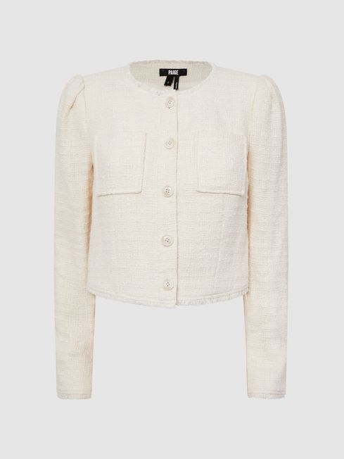 Paige Frayed Textured Jacket in Cream REISS