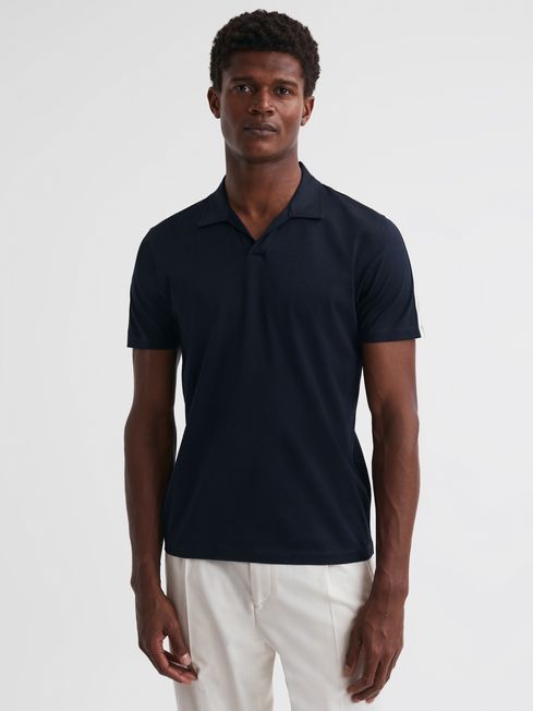 Reiss Navy Clover Mercerised Cotton Open Collar Polo Shirt