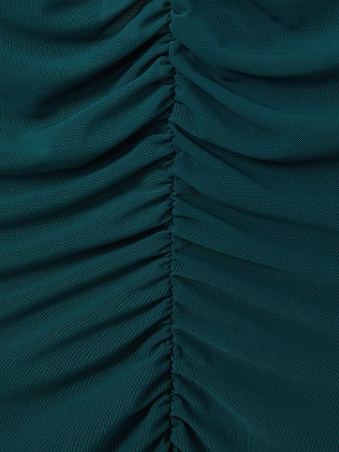 Mesh Jersey Ruched Midi Dress in Teal