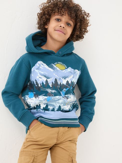 Dark Teal Blue Ski Mountain Popover Hoodie FatFace