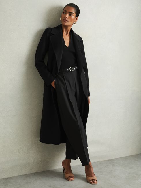 Wool Blend Double Breasted Blindseam Coat in Black REISS