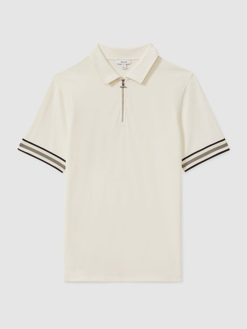 Bristol Off White Textured Contrast Trim Half-Zip Polo Shirt