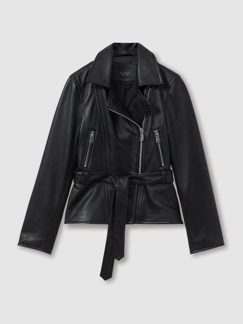Febe Black Belted Leather Jacket REISS