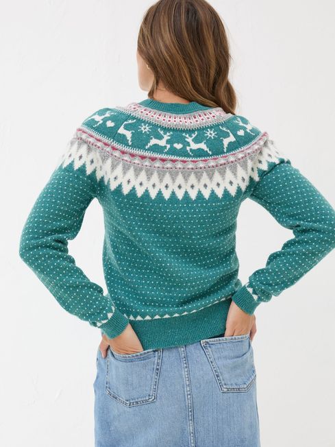 Reindeer Yoke Teal Blue Jumper FatFace