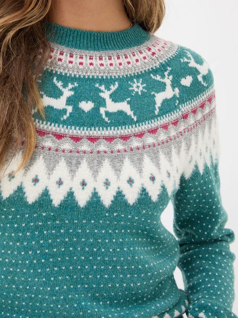 Reindeer Yoke Teal Blue Jumper FatFace