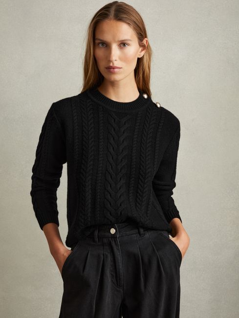 Wool Cashmere Cable Knit Jumper in Black REISS