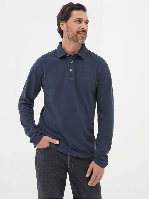 Navy Blue Long Sleeve Organic Pique Polo Shirt FatFace