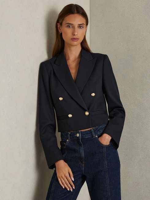 Cropped Wool Blend Double Breasted Blazer in Navy