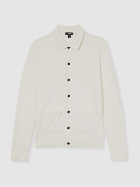 Wool Cabled Knitted Cardigan in White REISS