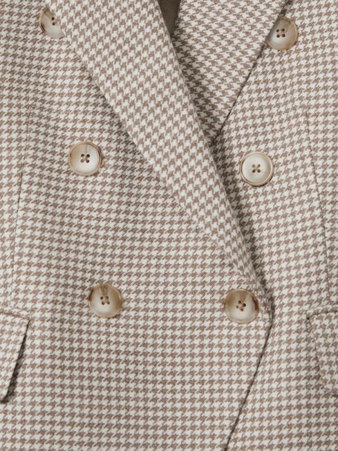 Wool-Blend Double-Breasted Dogtooth Blazer in Beige Check