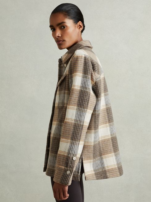 Phoebe Neutral Wool Blend Checked Shacket REISS