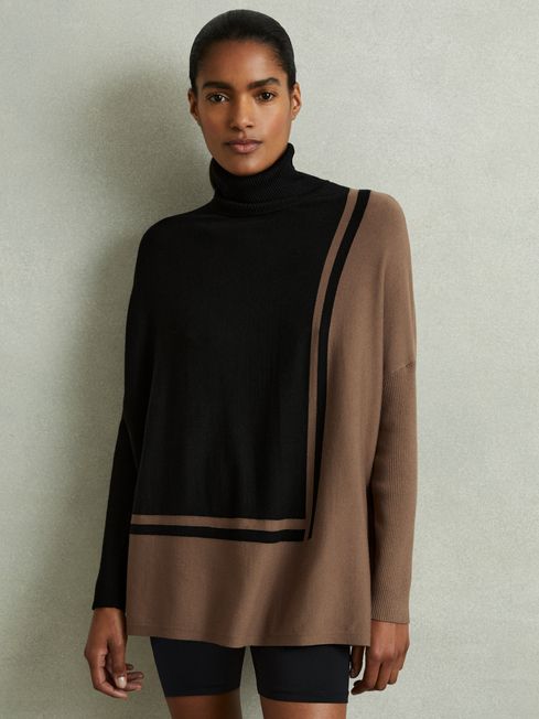 Colourblock Roll Neck Split Hem Jumper in Black Mink REISS