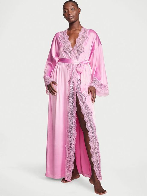 Lilac Chiffon Pink Lace Trim Satin Long Robe Victoria s Secret
