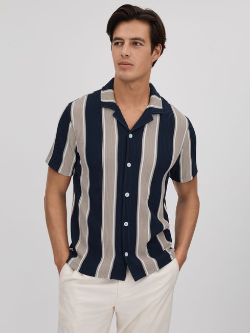 Slim Fit Ribbed Cuban Collar Shirt in Navy Camel REISS