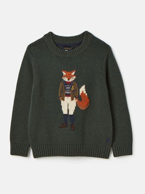 Kids Jonty Green Intarsia Fox Artwork Jumper Joules