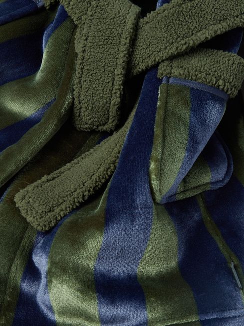 Boys Montague Green Blue Stripe Fleece Dressing Gown Joules